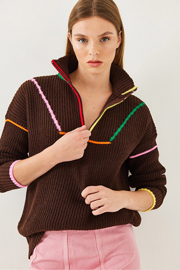 Kadın Fermuarlı Triko Kazak 20247509 - 5