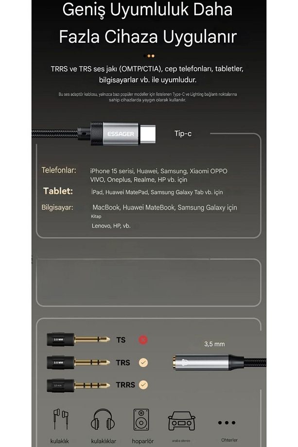 Type-c To 3.5mm Jack Aux Kulaklık Çevirici Dönüştürücü Hi-fi Ses Dac Çip Hasır Örgülü Sağlam Kablo - 3