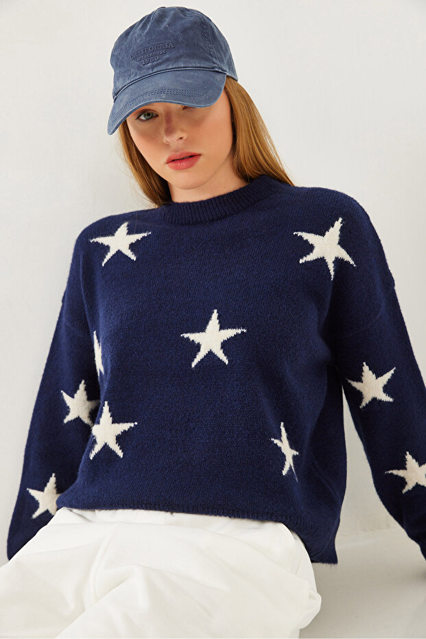 Women's Navy Blue Crew Neck Star Patterned Knitwear Sweater 20247536