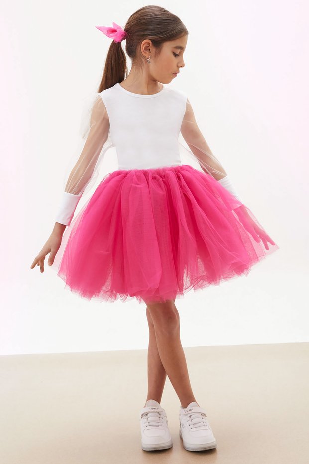 Fuchsia Tutu Skirted Sleeves Tulle Blouse Girl's Dress Set 17731