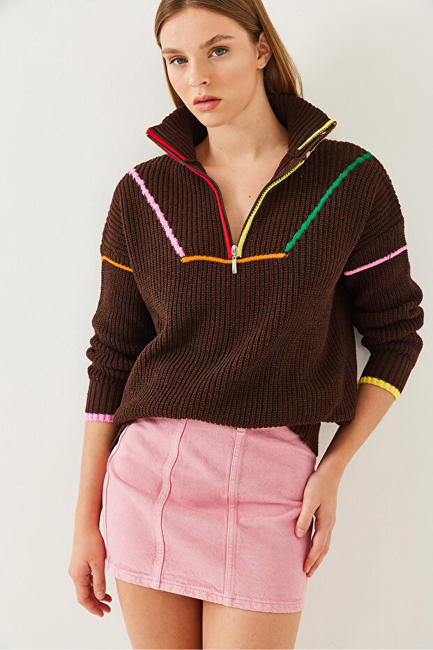 Kadın Fermuarlı Triko Kazak 20247509 - 6