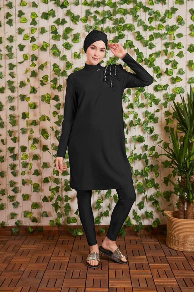 Fırfırlı Taşlı Tesettür Mayo - 1