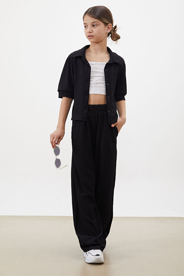 Girl's Black Cropped Shirt with Trousers, Top and Bottom Set 18411