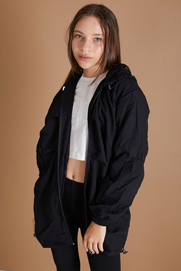 Black Hooded Zippered Girl's Parachute Cardigan 18496