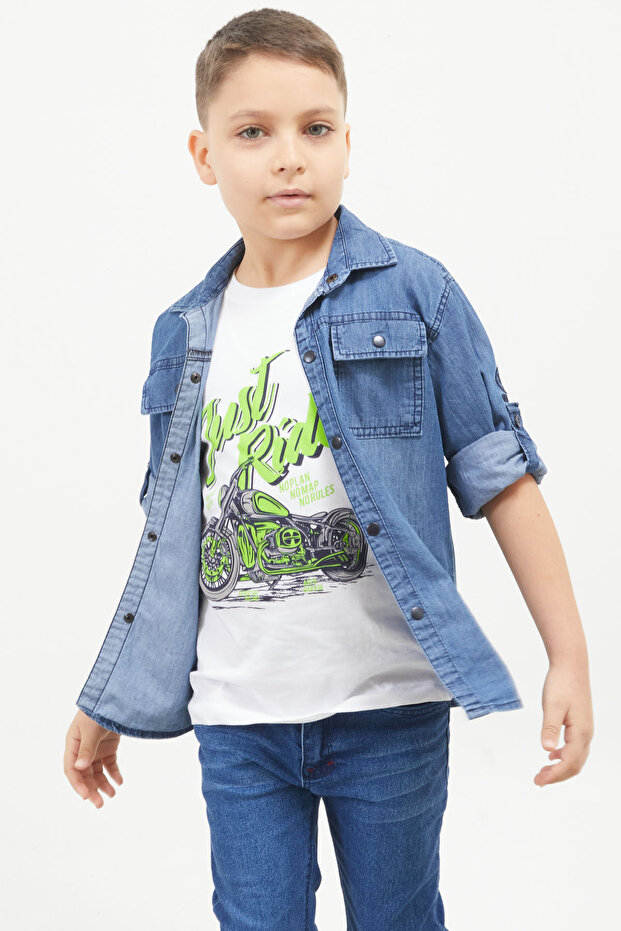 Green Ride Printed Jean Shirt T-shirt Boy 2 Piece Set 17568