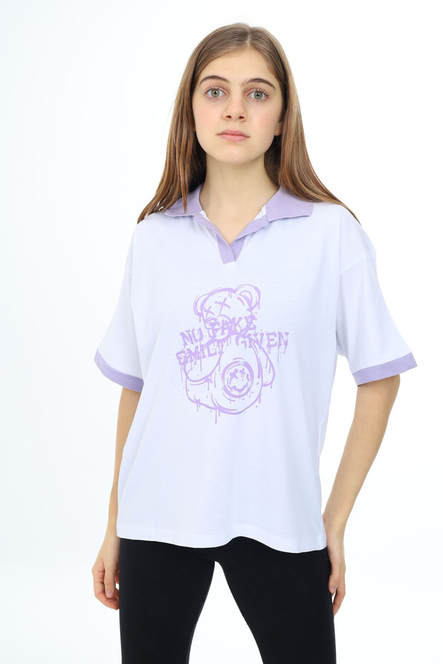 White Teddy Bear Printed Collar Oversize Girl's T-Shirt 17821