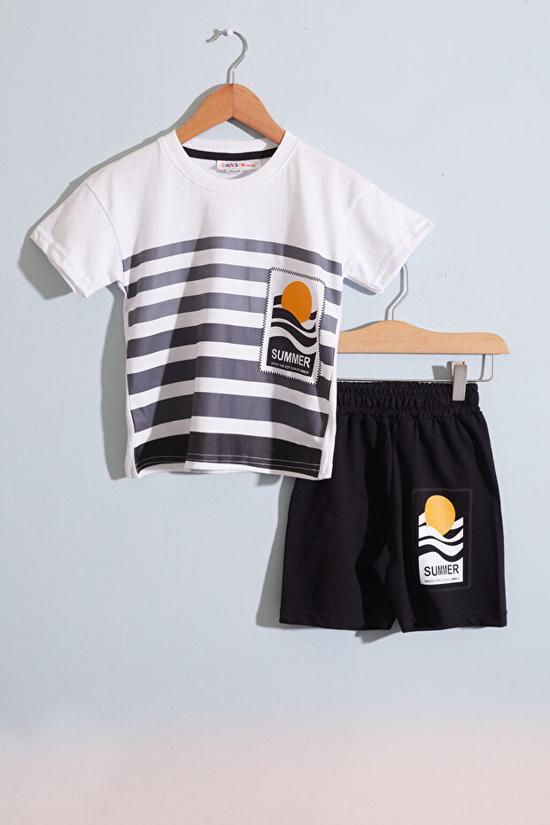 Boy's Shorts Set - Black Striped, Summer Printed 18933