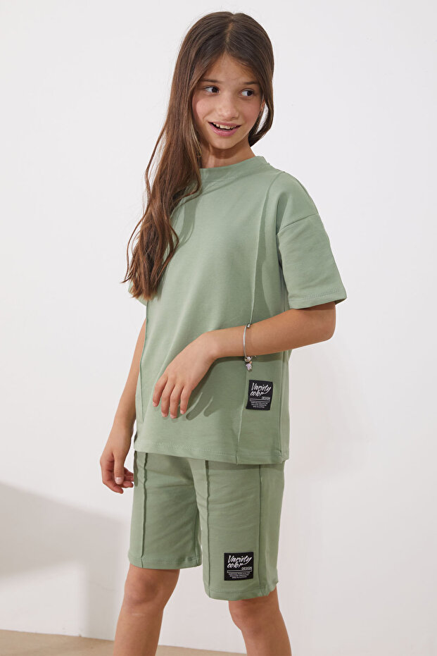 Haki Oversize Tişörtlü Çımalı Kız Çocuk Şortlu Takım 18906 - 3