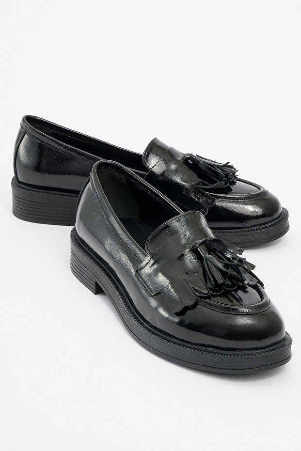 Milina Black Patent Leather Tasseled Genuine Leather Women's Loafer Shoes