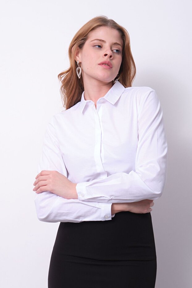 Kadın Basic Gizli Düğme Özellikli  Gömlek - 7