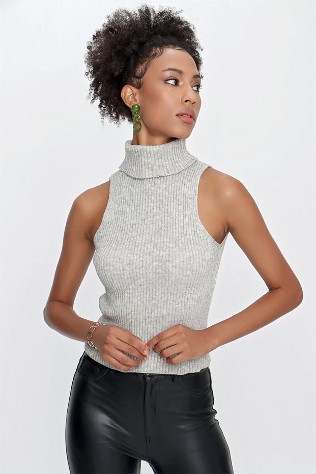 Women's Turtleneck Ribbed Sleeveless Melange Knitwear Sweater Gray 23w315