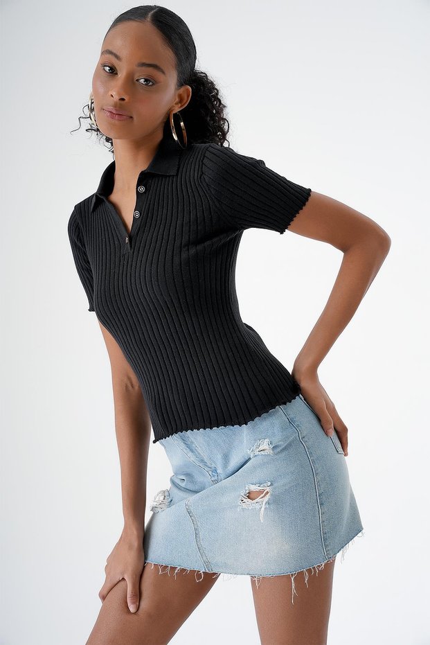Women's Polo Neck Button Short Sleeve Knitwear Sweater Black 24S163