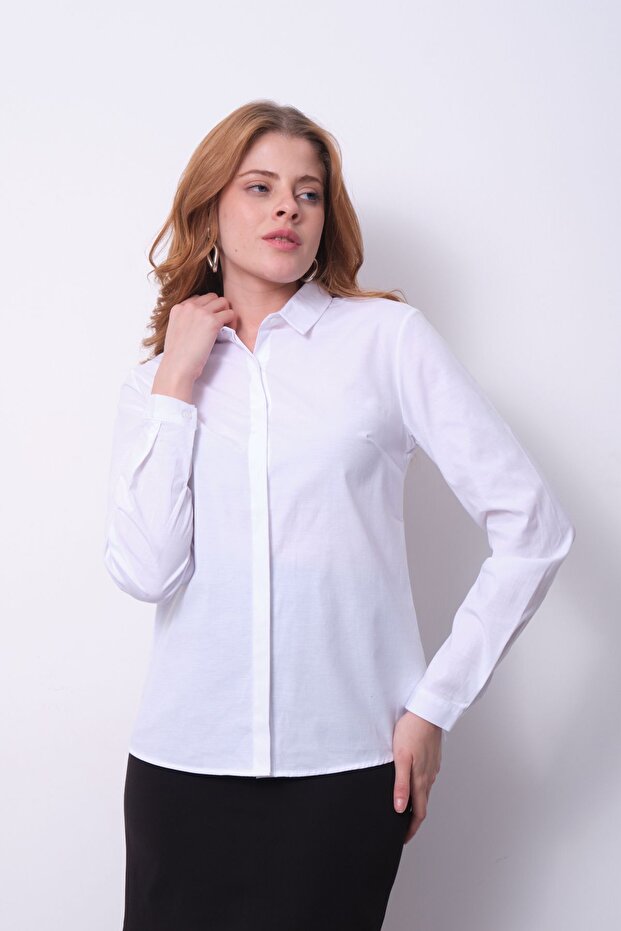 Kadın Basic Gizli Düğme Özellikli  Gömlek - 3