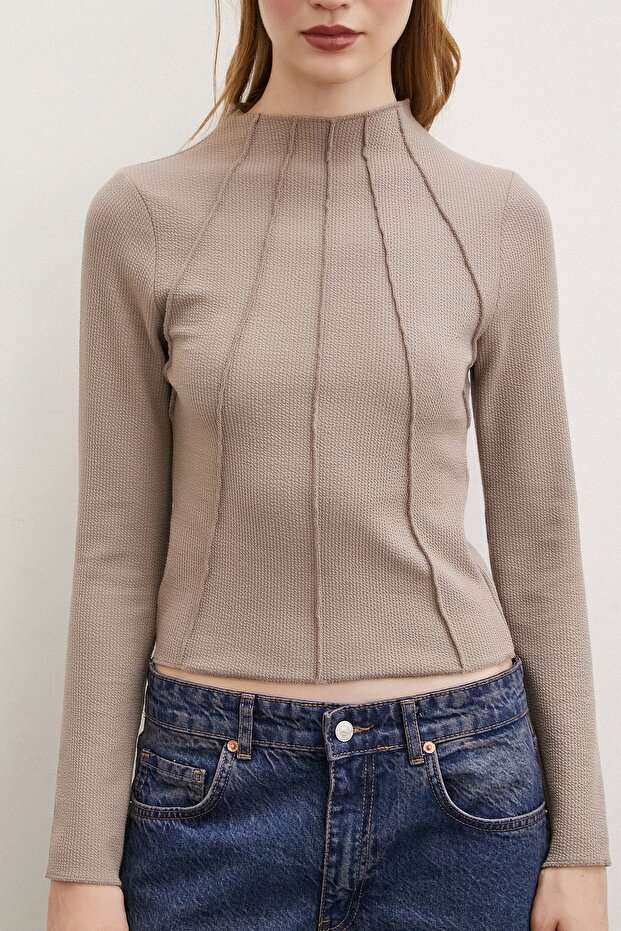 Önü Dikişli Bluz Vizon - 4