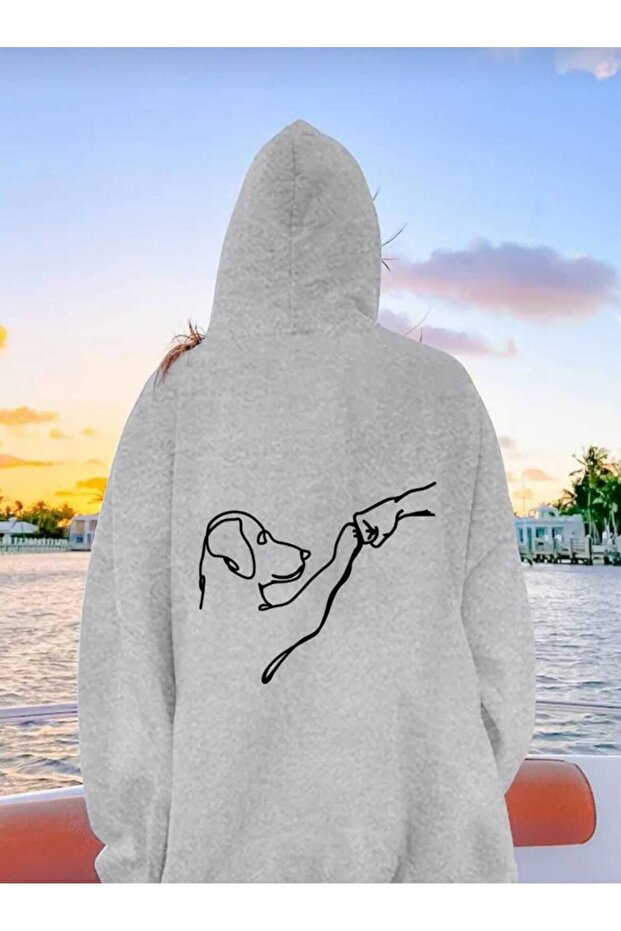 Unisex Gray Dog Printed Oversize Winter Cotton Hooded Sweatshirt