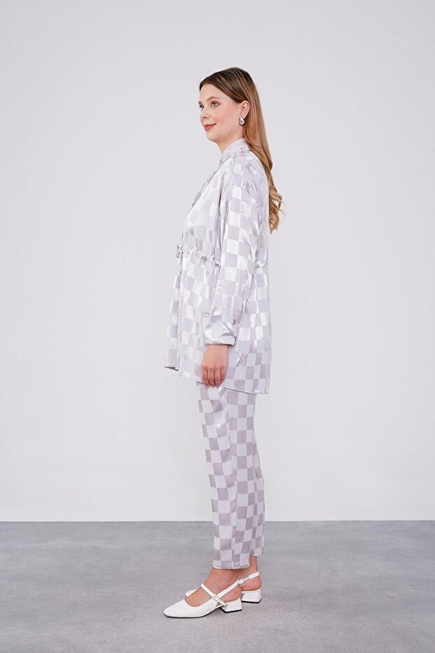 Geometric Pattern Double Set with Tunnel at the Waist - Gray - 5