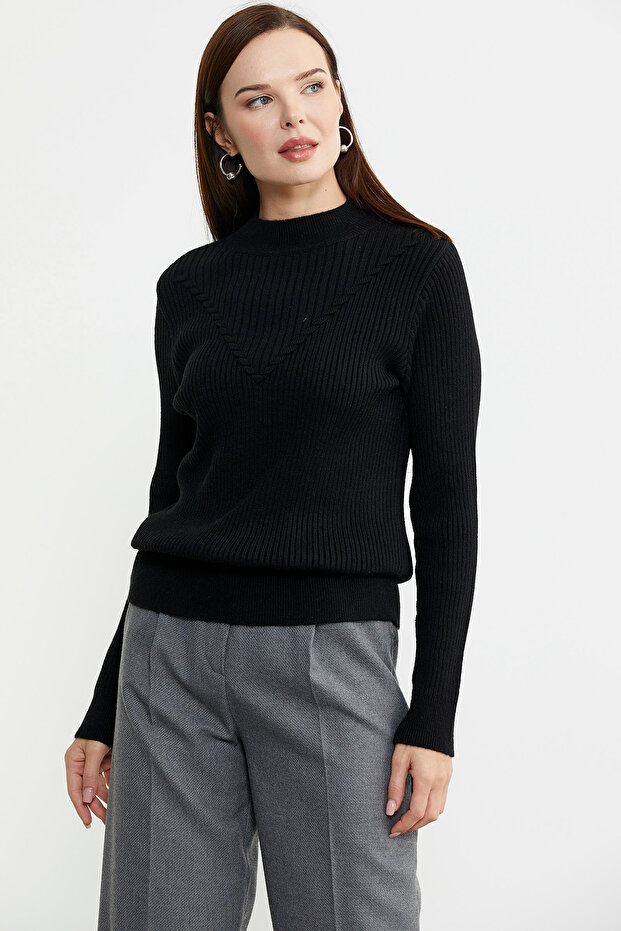 High Collar Patterned Knit Sweater - Black - 4