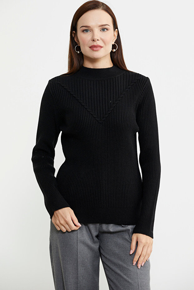 High Collar Patterned Knit Sweater - Black - 3