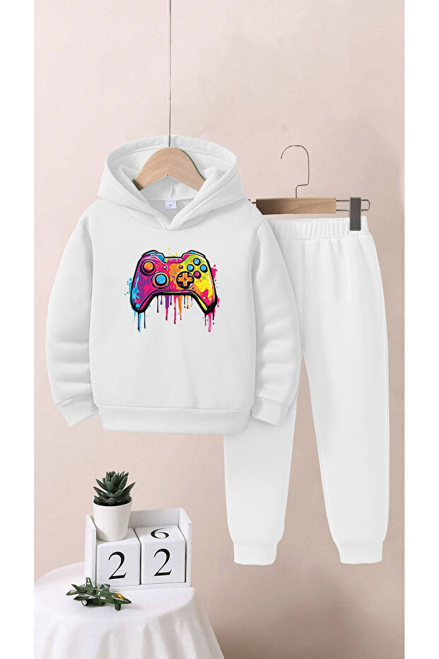 Children's Game Printed Bottom Top Tracksuit Set White
