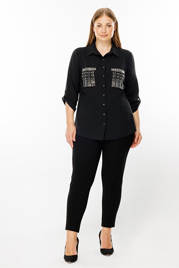 Modailgi Cepleri Taşlı Gömlek Siyah - 1