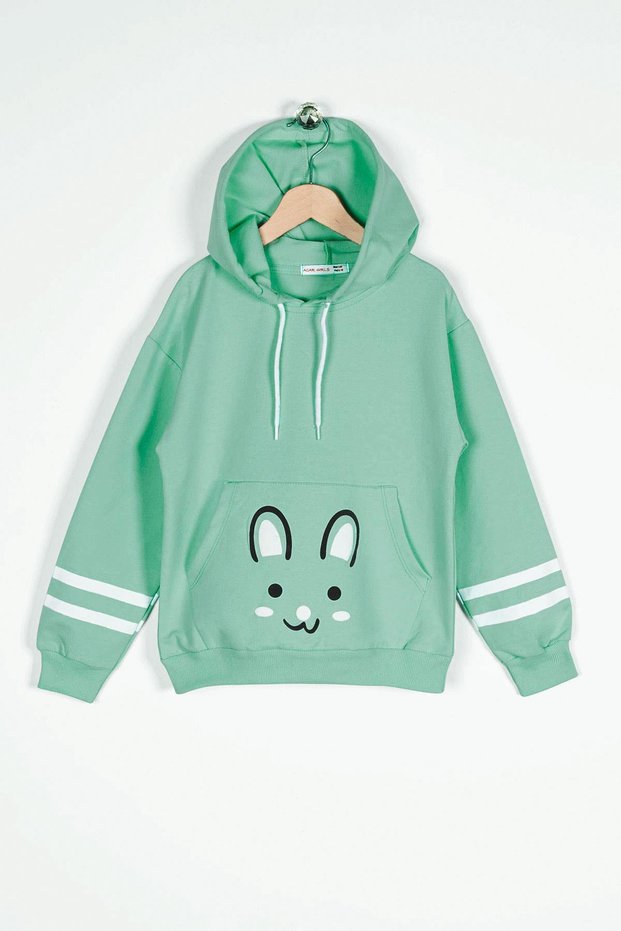 Hooded Long Sleeve Cagla Green Color Girl's Sweatshirt