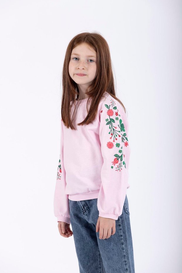 Crew Neck Long Sleeve Flower Printed Powder Color Girl's Sweatshirt