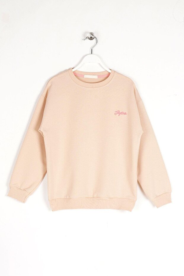 Crew Neck Long Sleeve Beige Color Girls' Sweatshirt