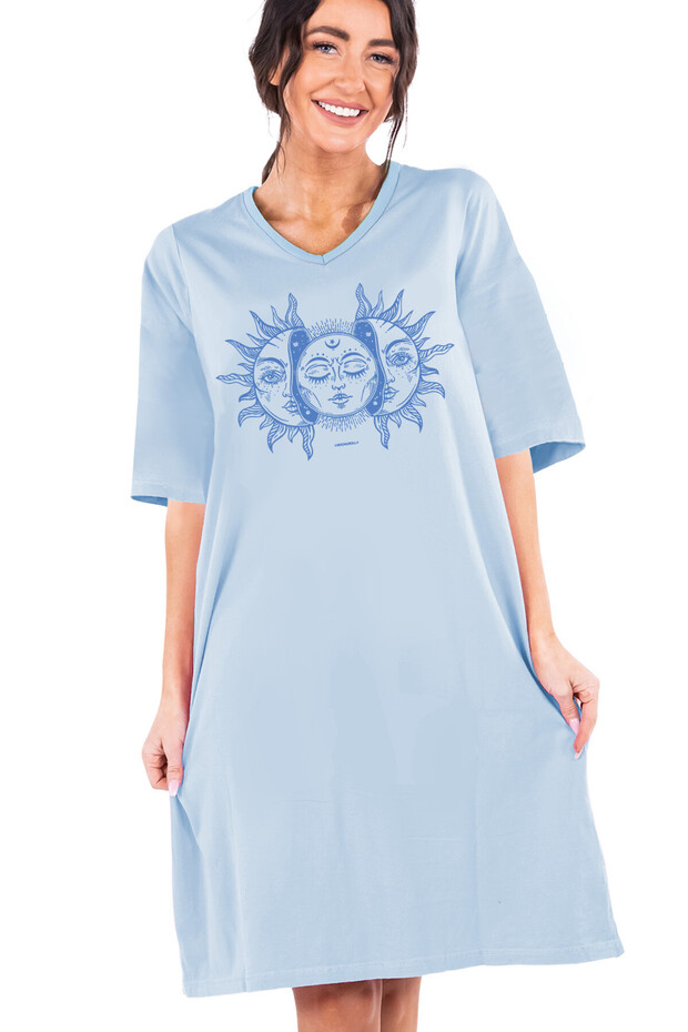 Moon Sun V Neck Half Sleeve Knee Length Comfortable Home Dress Nightgown