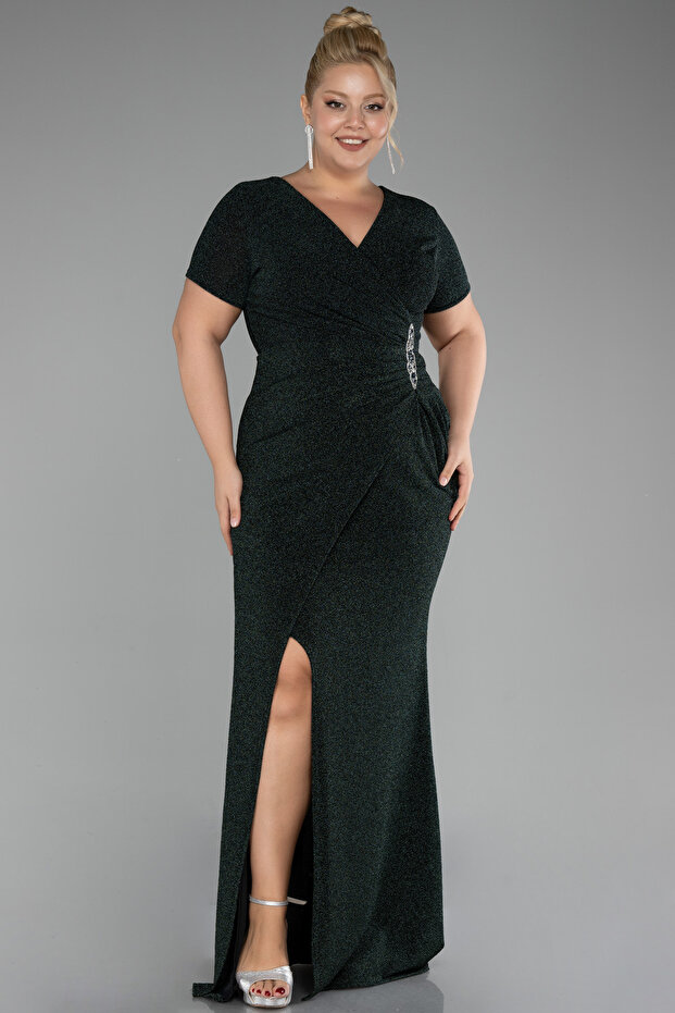 Emerald Green Short Sleeve Glitter Long Plus Size Evening Dress Abu39892
