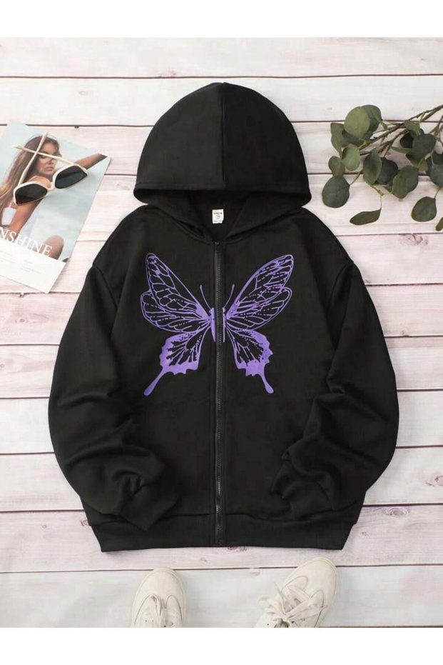 Purple Butterfly Logo Cotton Children's Zipper Cardigan - Black Printed Girls Boys Winter Hoodie