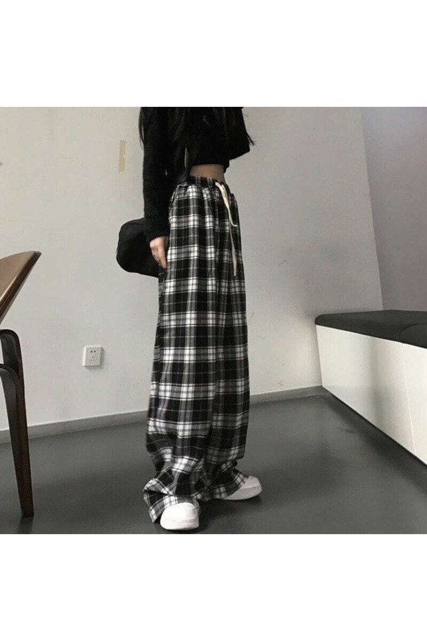 Plaid, Oversize Fit, Line Detail, Black, Sweatpants
