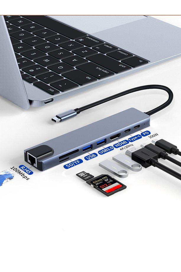 8 Port Type C Hub, 100W PD Şarj, 4K HDMI, USB 3.0, Ethernet, MicroSD/SD Kart Okuyucu, MacBook Uyumlu - 3