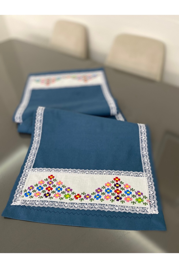 Indigo Color Cross Stitch Processing Runner
