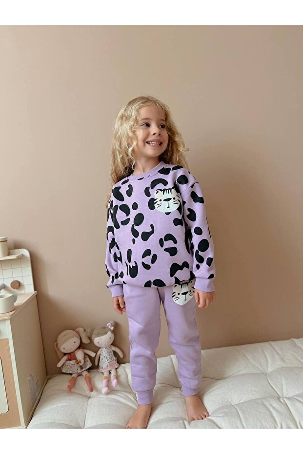 Leopard Printed Girls' Tracksuit Set