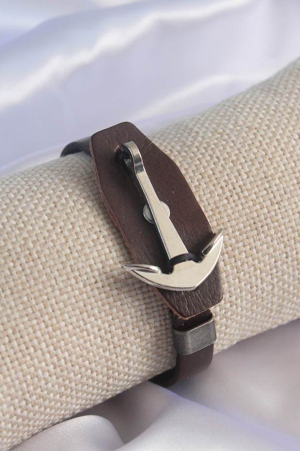Brown Leather Model Silver Color Anchor Figure Men's Bracelet Tj-Eb3573