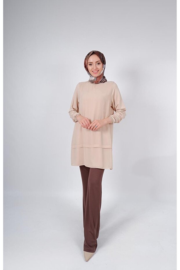 Ribanalı Önü Şifonlu Uzun Kollu Tunik - 1