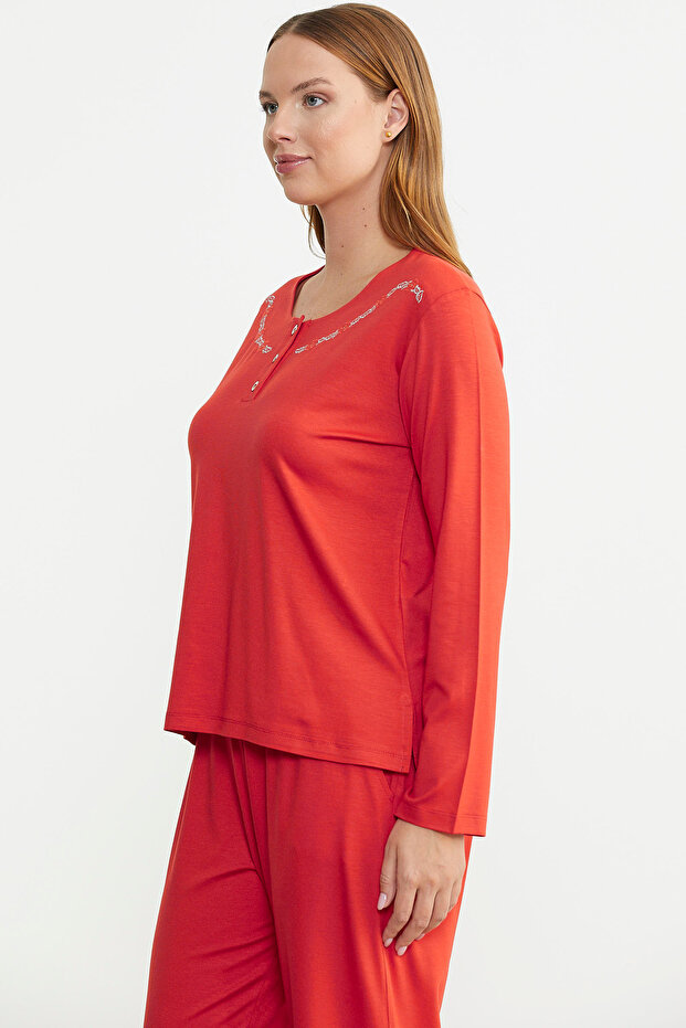 Zero Collar Buttoned Pajama Set - Coral - 6