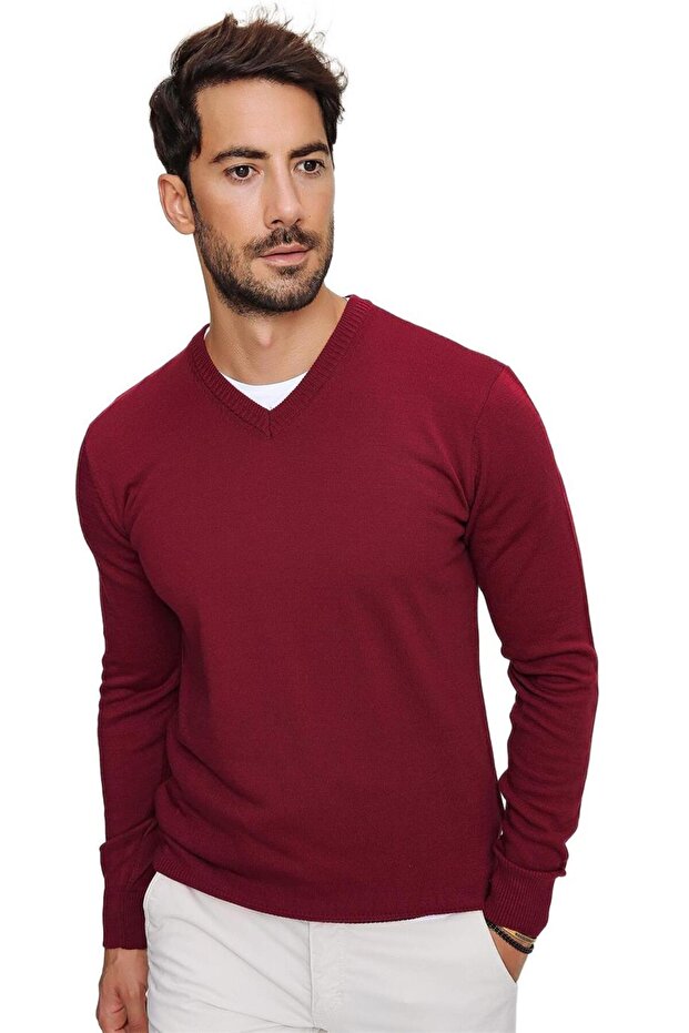 Men's Claret Red V-Neck Knitwear Sweater 20w151