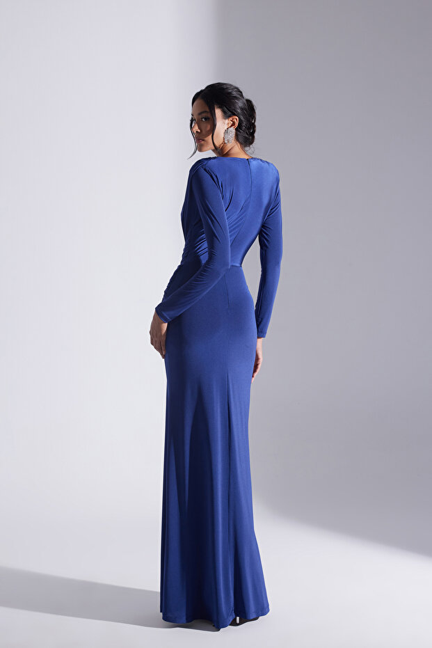 HAILEY SİYAH DRAPELİ UZUN ELBİSE - 2