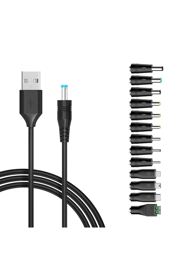 كابل USB عالمي بطول 1.5 متر و13 محولًا مع مقبس تيار مستمر 5.5 × 2.1 مم و13 محولًا إضافيًا لمقبس تيار مستمر، بطول 1.5 متر/5 قدم