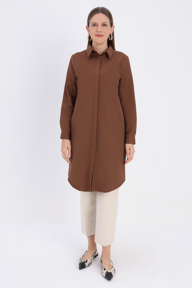 Brown Hidden Patchwork Cotton Shirt Tunic - 2