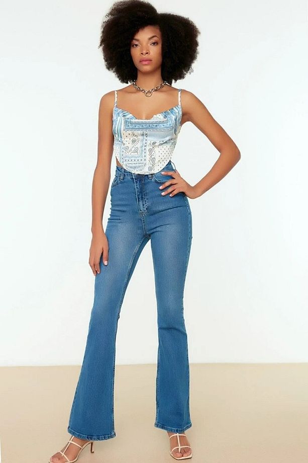 Kadın Yüksek Bel Mavi Kar Yıkama Salaş Jeans Esnek Palazzo Kot Pantolon 2024 - 2
