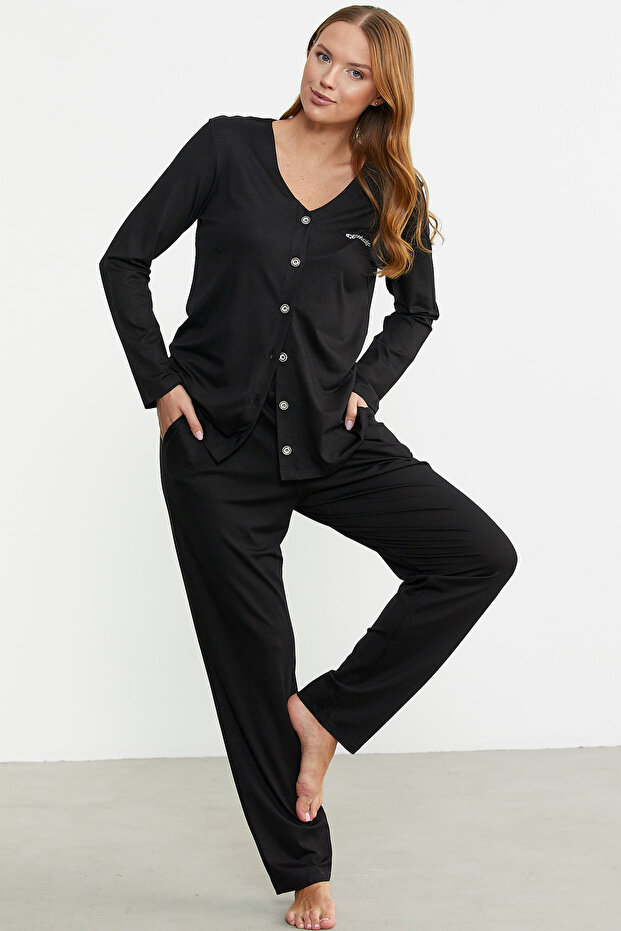 Front Buttoned Comfortable Fit Pajama Set - Black - 1