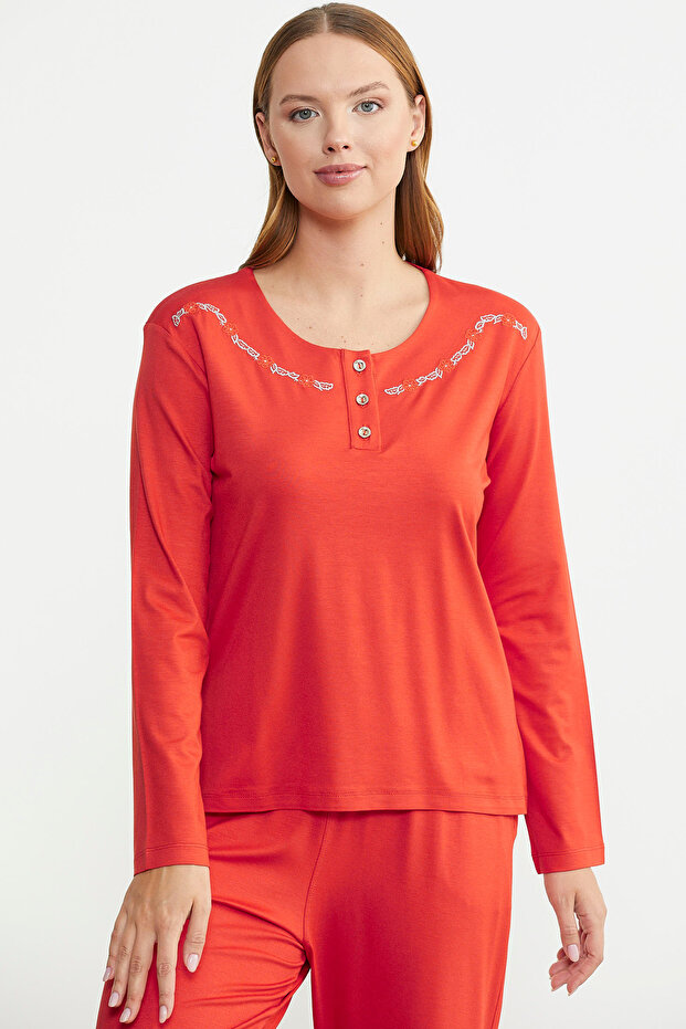Zero Collar Buttoned Pajama Set - Coral - 5