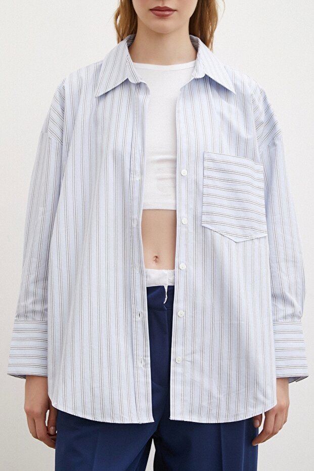 Tek Cepli Poplin Gömlek Mavi - 2