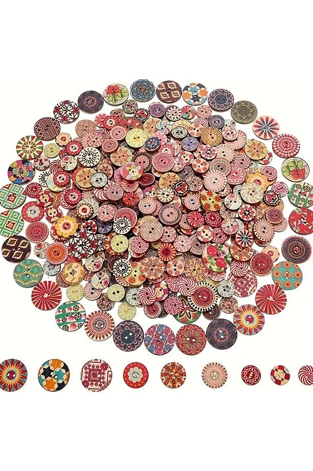 20 Adet 20 Mm Yuvarlak Ahşap Retro Etnik Desen Düğme - 2