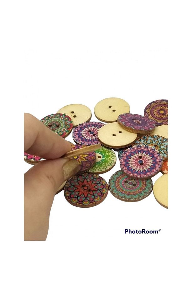 20 Adet 20 Mm Yuvarlak Ahşap Retro Etnik Desen Düğme - 3