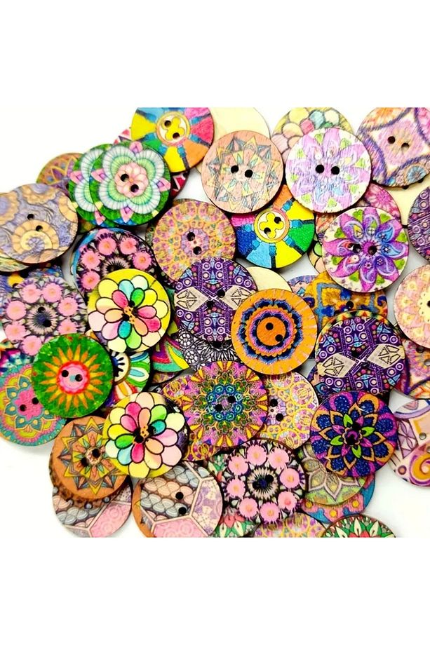 20 Adet 20 Mm Yuvarlak Ahşap Retro Etnik Desen Düğme - 4