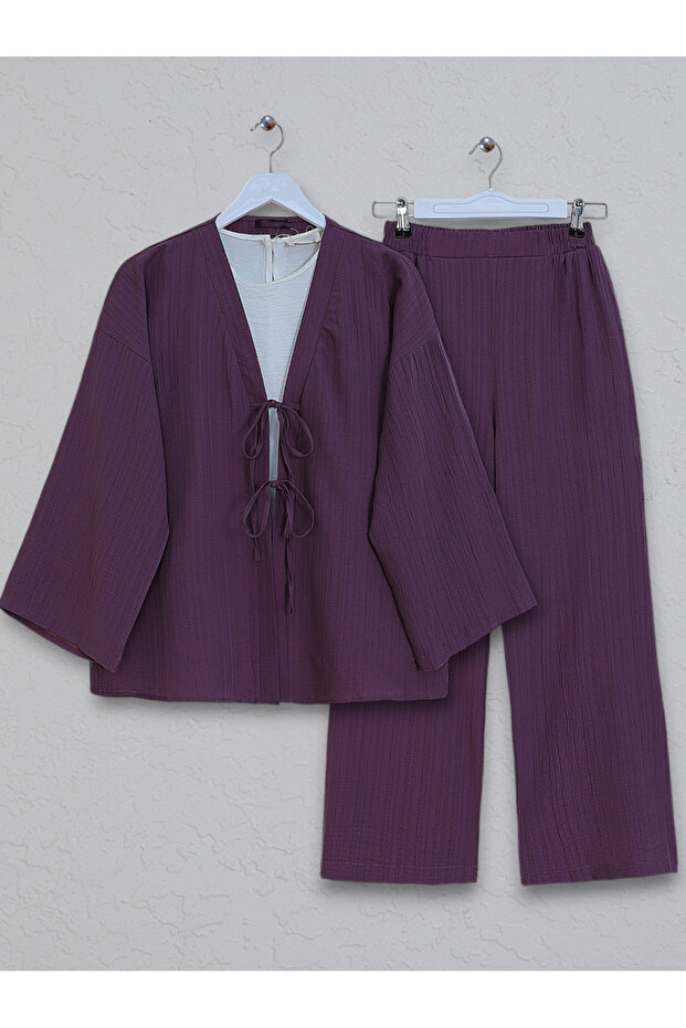 Önü Çift Bağcıklı Pantolonlu Krınkıl Takım -Mürdüm - 1