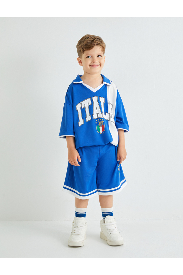 Oversize T-Shirt Polo Neck Color-Blocking Sports Printed Short Sleeve